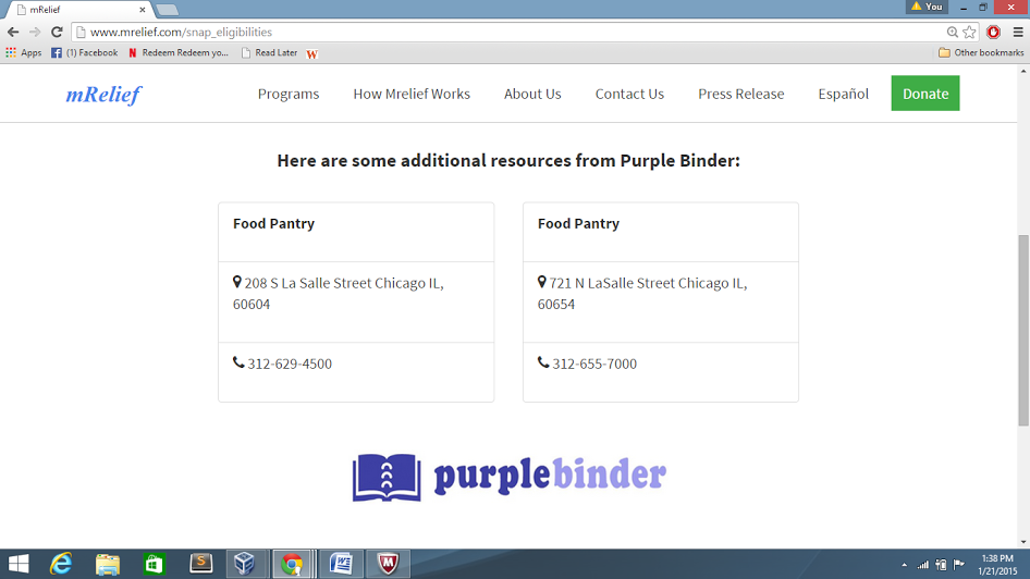 mRelief's application will screen users for benefits eligibility and also show them relevant results from Purple Binder's resource database.