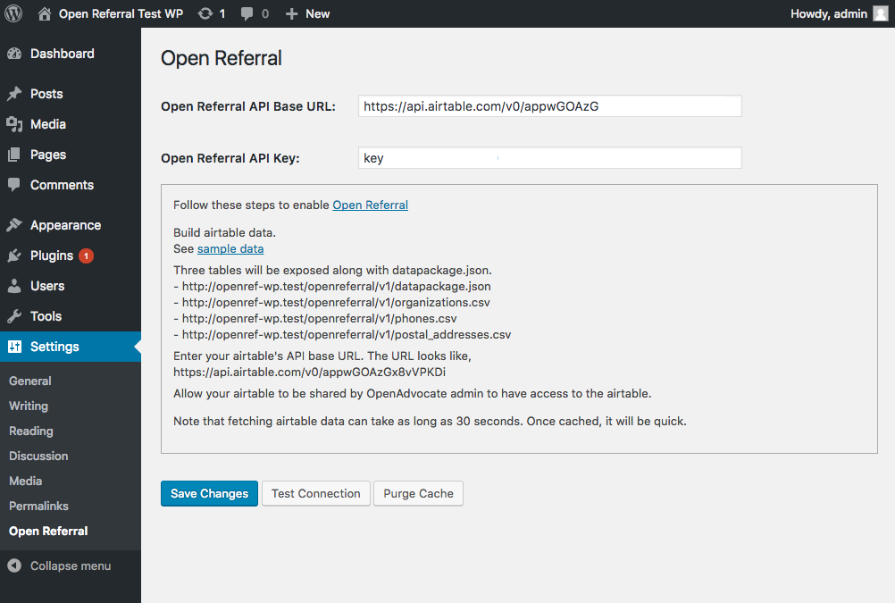Open Referral WordPress Plugin configuration panel