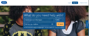 A screenshot of the main search menu for Washington 211, an instance of the Connect 211 Search Engine.