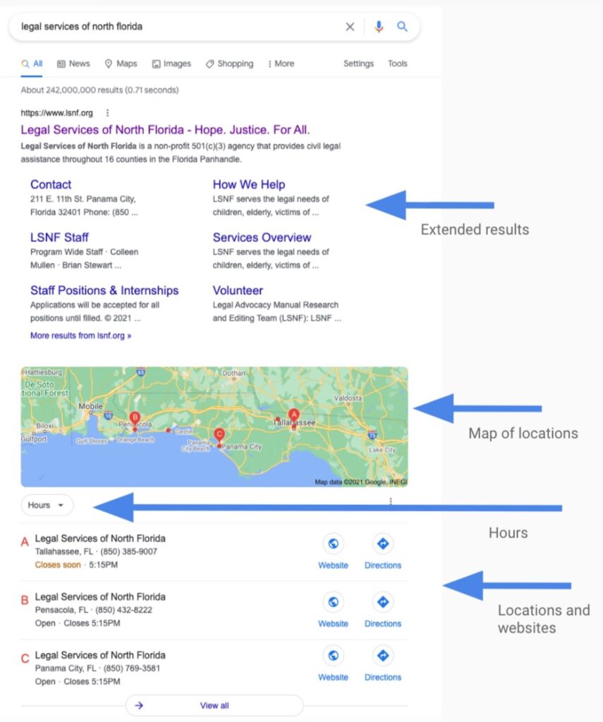 Screenshot of search results after markup is added, with extended options displayed within one result, plus operating hours and location information.