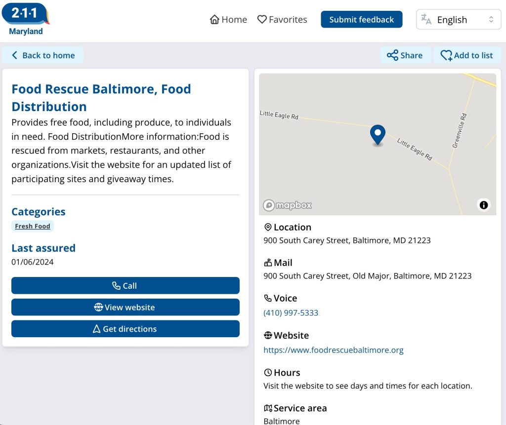 A screenshot of a record of Food Rescue Baltimore's service information in 2-1-1 Maryland's Connect211 web interface.