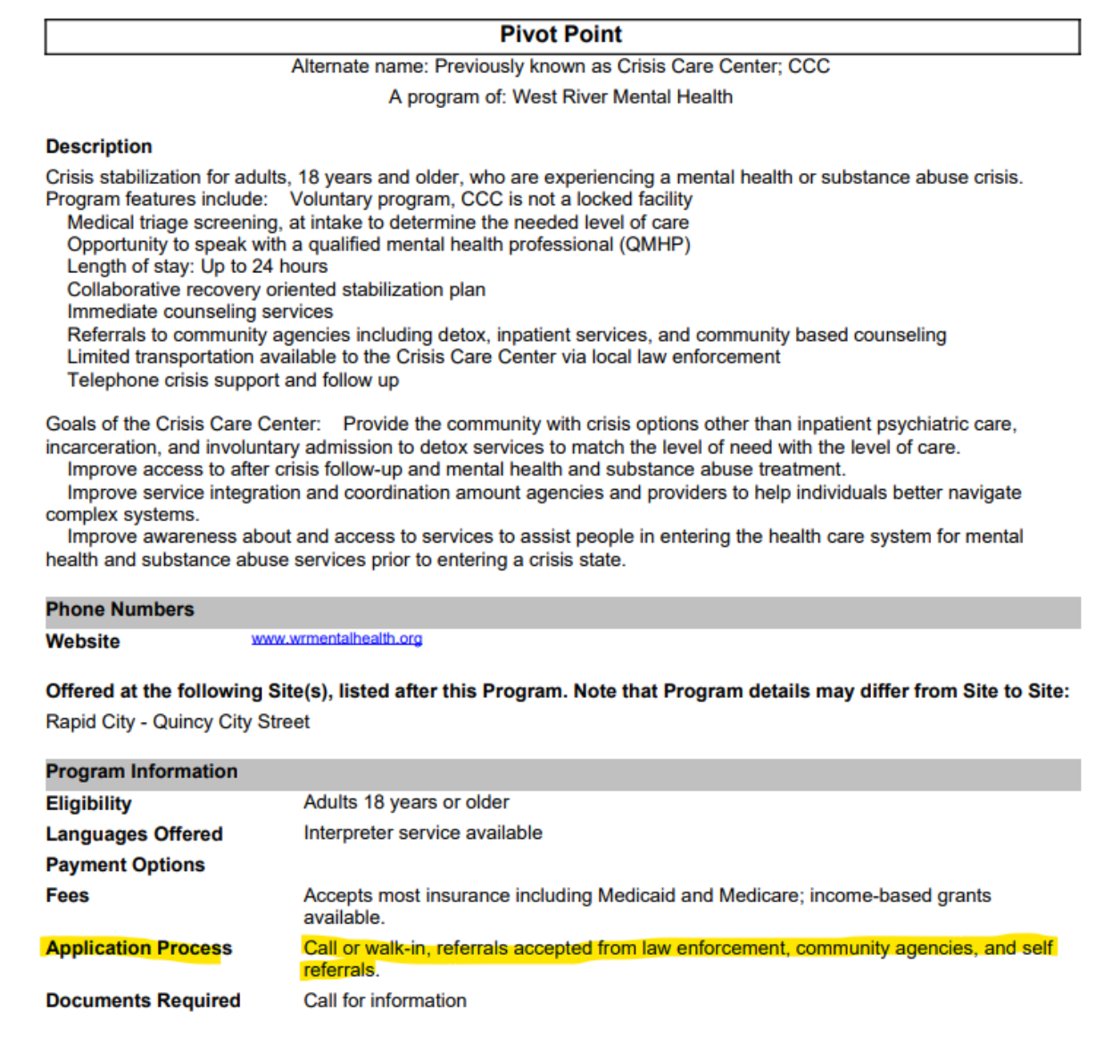 A screenshot of a resource directory record from the Helpline's 211 database, showing information about "Pivot Point" – a behavioral health service for young men. 